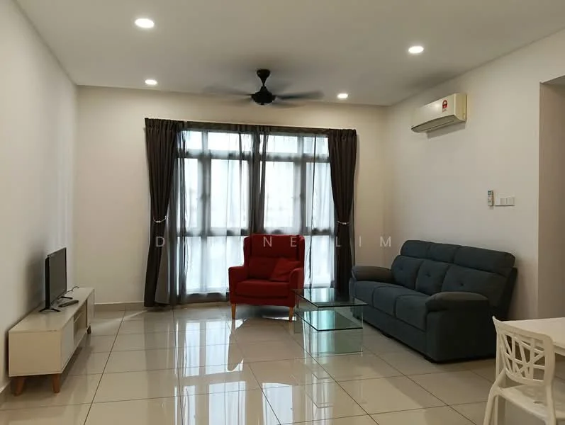 Living features: grey fabric 3-seater sofa, red accent chair, glass coffee table, white TV console, wall-mounted TV, floor-to-ceiling windows, sheer curtains, recessed LED downlights, 1 wall-mounted split AC, white painted walls, glossy tile flooring, ceiling fan; style: modern.