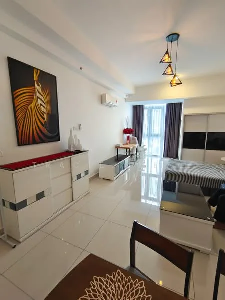 Living features: white painted walls, glossy tile flooring, tray ceiling with pendant lighting, floor-to-ceiling windows, sheer curtains, 3-seater grey sofa, coffee table, TV console, wall-mounted TV, decorative artwork, air conditioning unit, built-in wardrobe; style: modern.