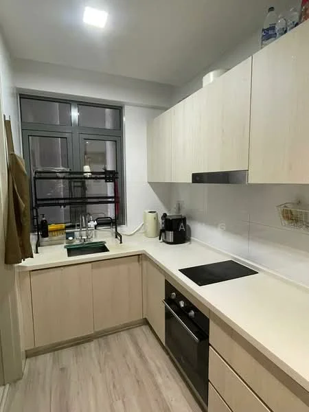 Kitchen features: light wood cabinetry, white countertop, built-in oven, 4-burner electric hob, single-bowl stainless-steel sink, chrome pull-down faucet, open shelving, microwave, refrigerator, grey tiled backsplash, laminate flooring, window with metal frame; style: modern.