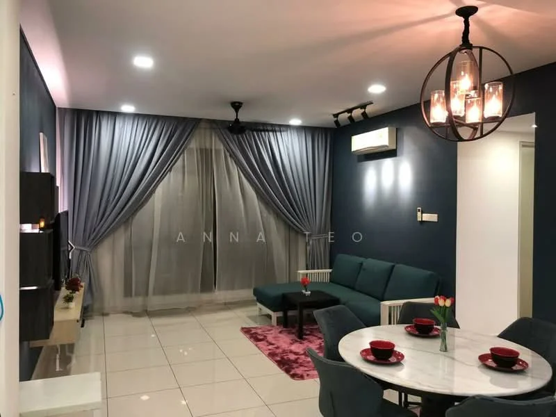 Living features: 3-seater fabric sofa in teal, round dining table, 4 dining chairs, area rug with geometric pattern in pink, wall-mounted TV, TV console, recessed downlights, ceiling fan, floor-to-ceiling sheer curtains, dark blue accent wall, white painted walls, tile flooring; style: modern.