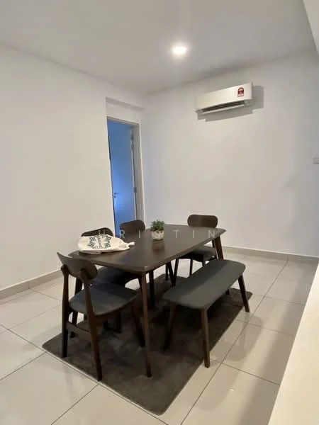 Dining features: rectangular dining table, 4 wooden dining chairs, bench seating, grey upholstered seat cushions, area rug, white painted walls, tile flooring, wall-mounted split AC, ceiling lights; style: modern.
