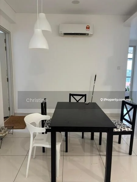 Dining features: black dining table, white plastic chair, black wooden chair, pendant light fixture, wall-mounted split AC, white painted walls, glossy tile flooring, floor-to-ceiling window, broom in corner; style: modern.