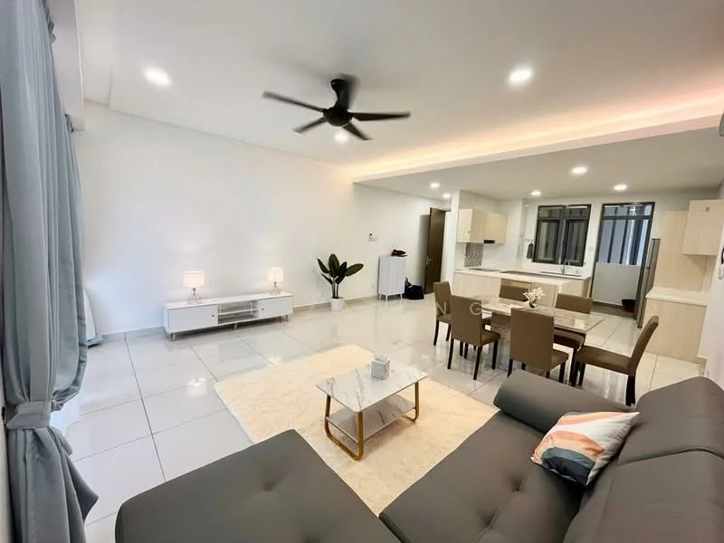 Living features: 3-seater fabric sofa in grey, coffee table with gold frame, area rug with geometric pattern, 5-blade ceiling fan with light, white painted walls, tile flooring, floor-to-ceiling windows, decorative plant in ceramic pot, wall-mounted TV console, lamps on side tables; style: modern. Dining features: 6-seater dining table, upholstered dining chairs, white cabinetry, open kitchen layout, tile flooring; style: modern.