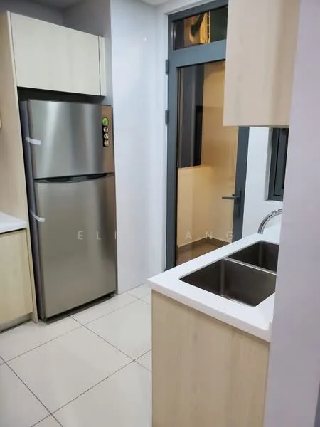 Kitchen features: stainless-steel fridge, single-bowl stainless-steel sink, chrome pull-down faucet, white laminate cabinetry, light wood cabinetry, white countertop, ceramic tile flooring, window with view to exterior; style: modern.