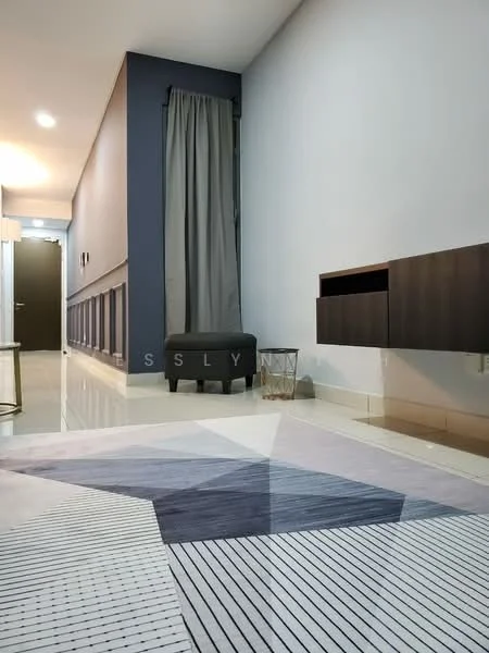 Room features: grey accent wall, white painted walls, polished tile flooring, recessed downlights, floor-to-ceiling curtains, modern console table, decorative basket, area rug with geometric pattern; style: modern.