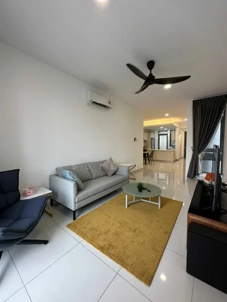 Living features: 3-seater fabric sofa in light grey, black lounge chair, white coffee table, area rug in mustard yellow, wall-mounted TV, TV console in dark wood, 1 wall-mounted split AC, recessed downlights, floor-to-ceiling windows with sheer curtains, grey curtains, white painted walls, glossy white tile flooring, ceiling fan with light; style: modern.