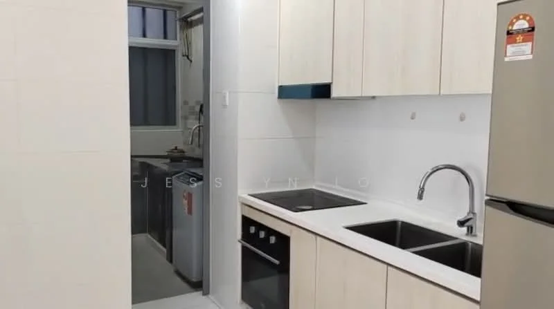 Kitchen features: white cabinetry, stainless-steel double-bowl sink, chrome pull-down faucet, black countertop, built-in oven, 4-burner gas hob, refrigerator, tile backsplash, white tiled walls, grey flooring, window with sheer curtains; style: modern. Room features: white walls, grey flooring, window.