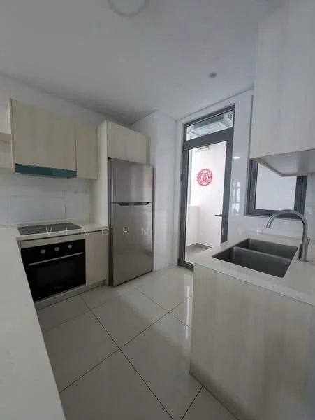Kitchen features: light wood cabinetry, stainless-steel fridge, built-in oven, ceramic cooktop, single-bowl stainless-steel sink, chrome pull-down faucet, white tiled backsplash, white walls, glossy tile flooring, large window for natural light; style: modern.