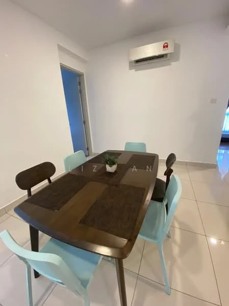 Dining features: rectangular dining table with dark wood finish, 6 dining chairs in light blue and dark wood, white painted walls, glossy white tile flooring, wall-mounted split AC unit, small decorative plant in center of table, doorway leading to another room; style: modern.