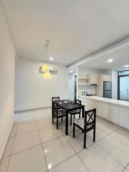 Dining features: 4-seater dining table, black dining chairs with patterned upholstery, pendant lighting with two shades, white walls, tile flooring, air conditioning unit mounted on wall, open kitchen layout, kitchen counter with bar seating; style: modern.