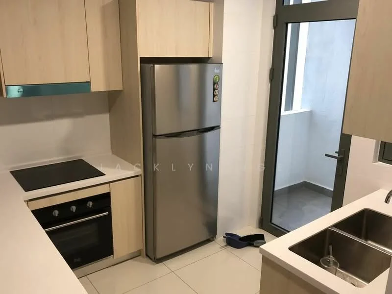 Kitchen features: light wood cabinetry, white countertop, stainless-steel fridge, built-in oven, 4-burner electric hob, single-bowl stainless-steel sink, chrome pull-down faucet, sliding glass door, tile flooring, window with view to balcony; style: modern.