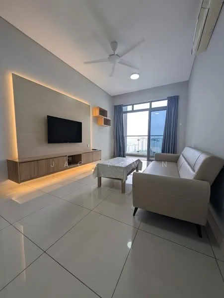 Living features: white painted walls, glossy white tile flooring, 5-blade ceiling fan with light, wall-mounted TV, wooden TV console, light wood coffee table, beige fabric sofa, floor-to-ceiling windows with sheer curtains, recessed LED lighting, decorative wall panel with backlighting; style: modern; view: city.