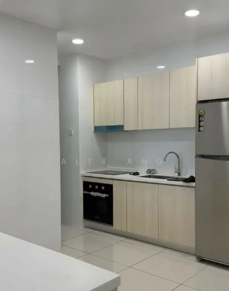 Kitchen features: white tiled walls, light wood cabinetry, stainless-steel fridge, built-in oven, 4-burner gas hob, single-bowl stainless-steel sink, chrome pull-down faucet, white countertop, recessed LED downlights, ceramic tile flooring; style: modern.