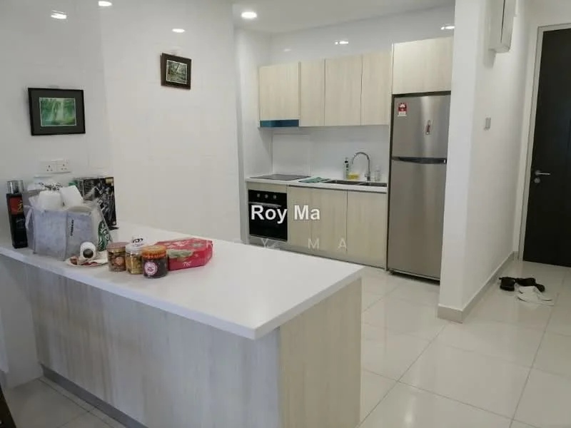 Kitchen features: white quartz countertop, light wood cabinetry, stainless-steel fridge, built-in oven, 4-burner gas hob, single-bowl stainless-steel sink, chrome pull-down faucet, white tiled backsplash, recessed downlights, ceramic tile flooring, open shelving, kitchen island with seating; style: modern.