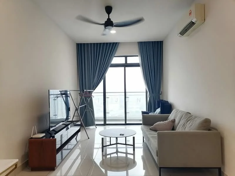 Living features: 3-seater fabric sofa in light grey, coffee table with glass top and metal legs, wall-mounted flat-screen TV, TV console in dark wood, floor-to-ceiling windows, sheer curtains in blue, ceiling fan with light, wall-mounted split AC, glossy tile flooring, decorative throw pillows; style: modern; view: city.