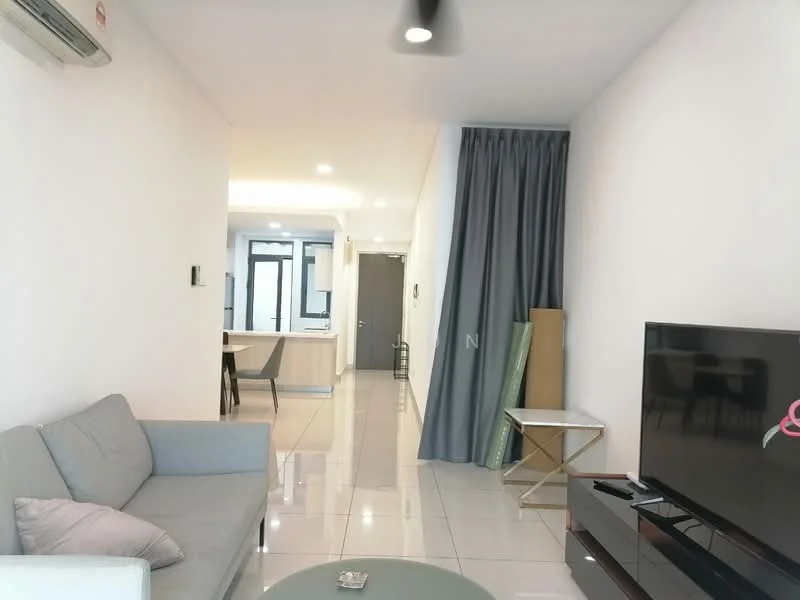 Living features: grey fabric sofa, coffee table, wall-mounted TV, TV console, recessed downlights, wall-mounted split AC, glossy tile flooring, curtains, decorative wall art; style: modern. Room features: open layout, dining area visible, doorway to hallway, light-colored walls.