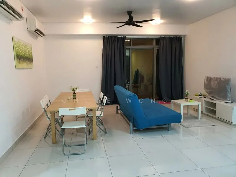 Living features: grey fabric sofa, dining table with 6 chairs, white TV console, wall-mounted TV, floor-to-ceiling windows, sliding glass door, white painted walls, tile flooring, ceiling fan, recessed downlights, dark curtains, decorative plant on table; style: modern.