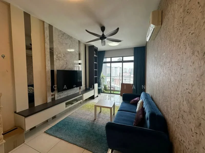 Living features: 3-seater fabric sofa in blue, coffee table, TV console, wall-mounted TV, area rug with geometric pattern, ceiling fan with light, floor-to-ceiling windows, curtains, wall-mounted air conditioning unit, decorative wall with floral pattern, light-colored wall with mirror panel; style: modern; view: city.