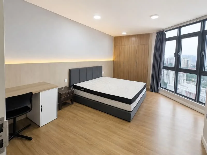 Bedroom features: queen-size bed with mattress, wooden flooring, grey upholstered headboard, built-in wardrobe with wooden finish, study desk with chair, floor-to-ceiling windows, curtains, recessed ceiling lights, city view; style: modern; view: city.