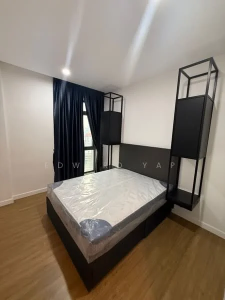 Bedroom features: queen-size bed, black upholstered headboard, two bedside lamps with black frames, floor-to-ceiling window, black curtains, wooden flooring, white painted walls; style: modern; view: city.