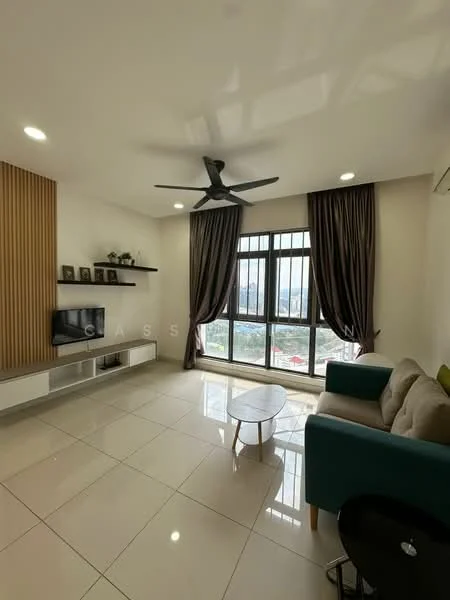 Living features: 3-seater fabric sofa in beige, accent chair in teal, coffee table with round top, wall-mounted TV, TV console with storage, floor-to-ceiling windows, sheer curtains, blackout curtains, 5-blade ceiling fan with light, recessed downlights, white painted walls, glossy tile flooring, wood accent wall; style: modern; view: city.