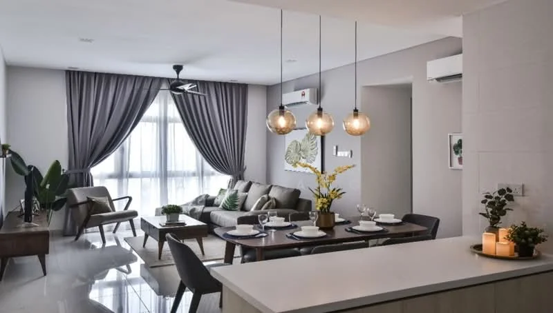 Living features: grey fabric sofa, 2-seater armchair, wooden coffee table, dining table with 4 chairs, pendant lighting with 3 bulbs, floor-to-ceiling windows, sheer curtains, wall-mounted air conditioning unit, decorative wall art, indoor plants, polished tile flooring, recessed ceiling lights, decorative vase with flowers; style: modern; view: city.
