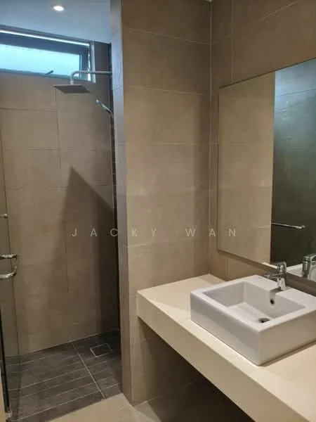 Bathroom features: walk-in shower with glass enclosure, chrome shower head, single-bowl ceramic sink, chrome basin mixer faucet, wall-mounted mirror, tile cladding on walls, grey floor tiles, light-colored countertop, recessed lighting; style: modern.