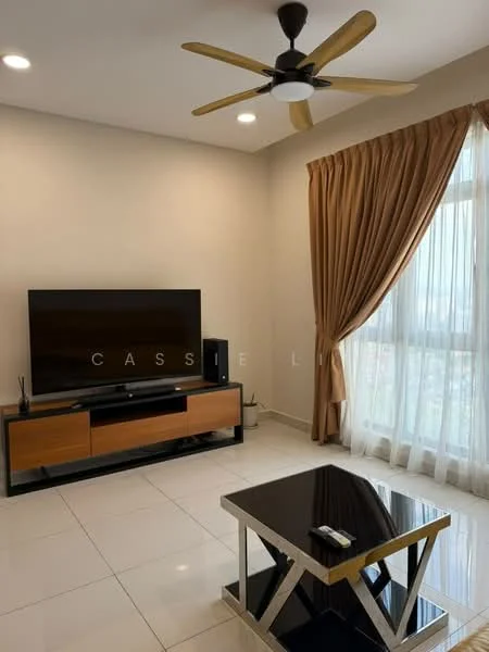 Living features: 5-blade ceiling fan with light, wall-mounted TV, TV console in black and wood finish, black coffee table with metallic base, white tiled flooring, floor-to-ceiling windows with sheer curtains, beige curtain drapes, decorative plant in pot; style: modern; view: city.