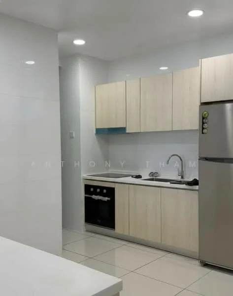 Kitchen features: white tiled walls, light wood cabinetry, stainless-steel fridge, built-in oven, 4-burner gas hob, single-bowl stainless-steel sink, chrome pull-down faucet, white countertop, recessed LED downlights, ceramic tile flooring; style: modern.