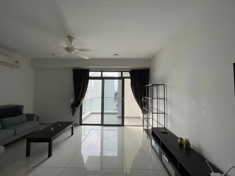 Living features: grey fabric sofa, black coffee table, TV console, floor-to-ceiling windows, sliding glass door, sheer curtains, 5-blade ceiling fan, white painted walls, glossy white tile flooring, decorative plant on table, black shelving unit; style: modern; view: city.