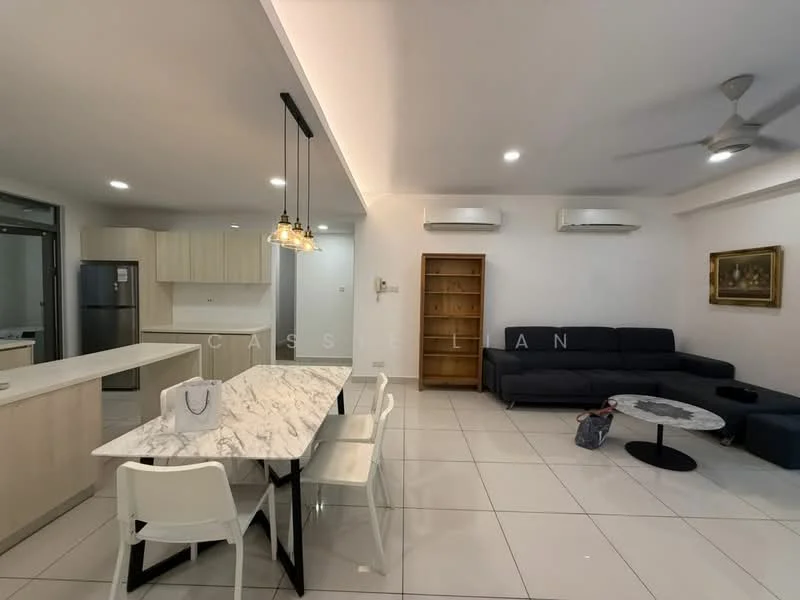 Living features: 3-seater fabric sofa in dark grey, coffee table, wall-mounted TV, ceiling fan, 2 wall-mounted split ACs, decorative artwork, built-in shelving unit, area rug, white tiled flooring, neutral painted walls; style: modern. Dining features: 6-seater dining table with marble top, white dining chairs, pendant lighting above table, open layout to kitchen, white cabinetry, grey backsplash, stainless-steel fridge, ceramic tile flooring; style: modern.