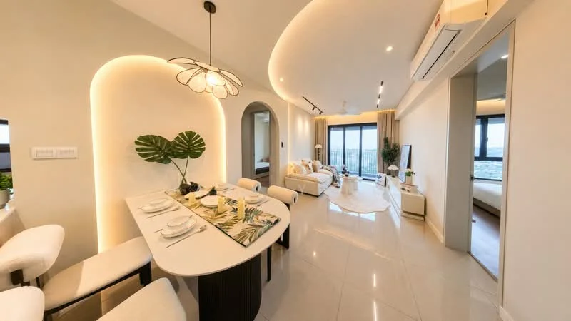 Living features: sofa in cream fabric, coffee table, TV console, wall-mounted TV, area rug with circular shape, floor-to-ceiling windows, curtains, recessed downlights, ceiling with curved design, decorative wall with ambient lighting, plant in ceramic pot, open layout, dining table with white surface, upholstered dining chairs; style: modern; view: city. Dining features: dining table with white surface, upholstered dining chairs, table setting with plates and cutlery; style: modern.