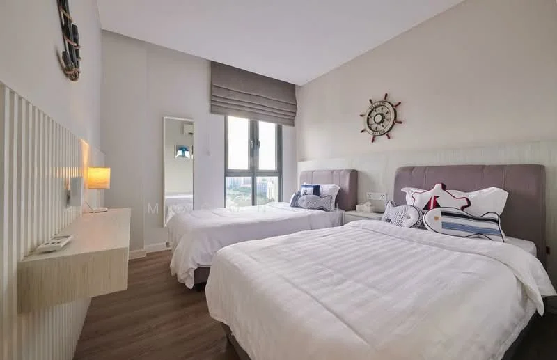 Bedroom features: two single beds with upholstered headboards, white bedding, decorative pillows with nautical theme, wooden flooring, wall-mounted bedside lamp, floating shelf, wall mirror, large window with roller blinds, decorative wall clock, nautical-themed wall decor; style: modern; view: city.