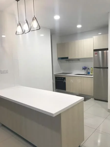 Kitchen features: white quartz countertop, light wood cabinetry, stainless-steel fridge, built-in oven, 4-burner gas hob, single-bowl stainless-steel sink, chrome pull-down faucet, pendant lighting, white tiled backsplash, ceramic tile flooring, open shelving; style: modern.