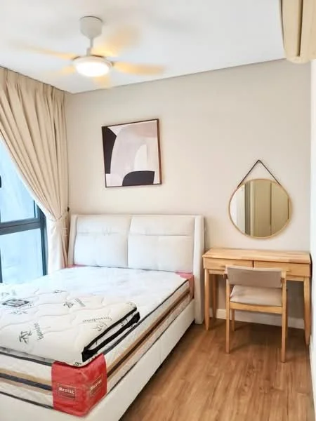 Bedroom features: queen-size bed with upholstered headboard, wooden flooring, 5-blade ceiling fan with light, floor-to-ceiling window with sheer curtains, decorative wall art, round mirror, wooden study desk, upholstered chair; style: modern.