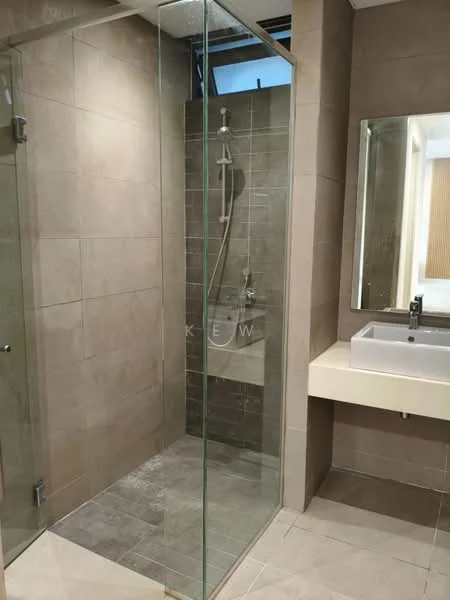 Bathroom features: walk-in shower with glass enclosure, chrome handheld shower, wall-mounted showerhead, grey tile flooring, beige tile walls, floating vanity with countertop, white rectangular sink, mirror above sink, modern faucet, natural light from window; style: modern.