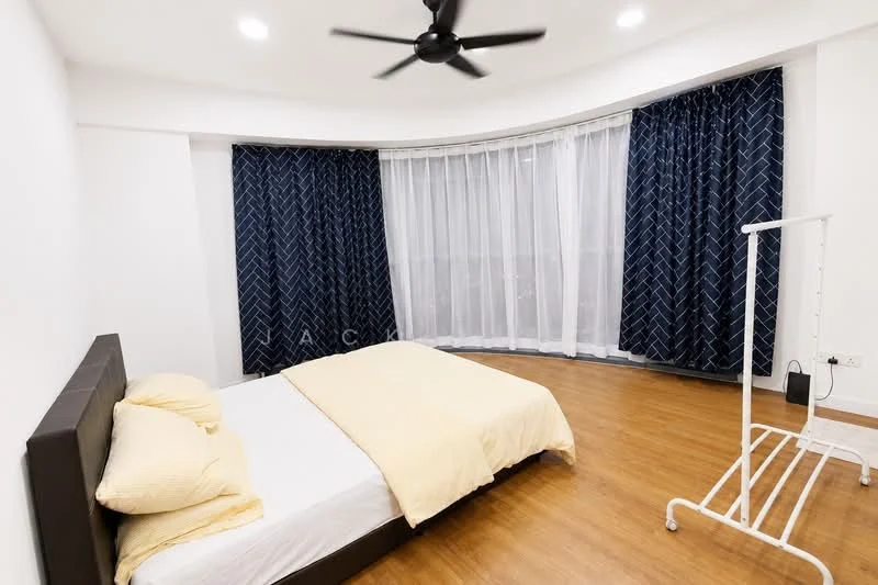 Bedroom features: queen-size bed with yellow bedding, black upholstered bed frame, wooden flooring, floor-to-ceiling windows, sheer white curtains, dark blue patterned curtains, 5-blade ceiling fan, white walls, clothes rack, wall-mounted electrical outlet; style: modern.