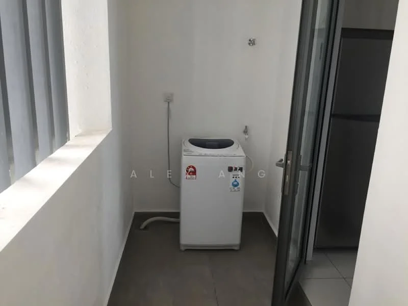 Laundry features: top-load washing machine, grey tiled flooring, white painted walls, window with vertical bars, door with glass panel.
