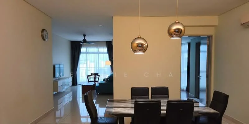 Dining features: marble-top dining table, 6 upholstered dining chairs, pendant lighting, wall clock, neutral painted walls, glossy tile flooring, open layout to living area, large windows with sheer curtains; style: modern. Living features: 3-seater fabric sofa, TV console, wall-mounted TV, neutral painted walls, glossy tile flooring, large windows with sheer curtains; style: modern.