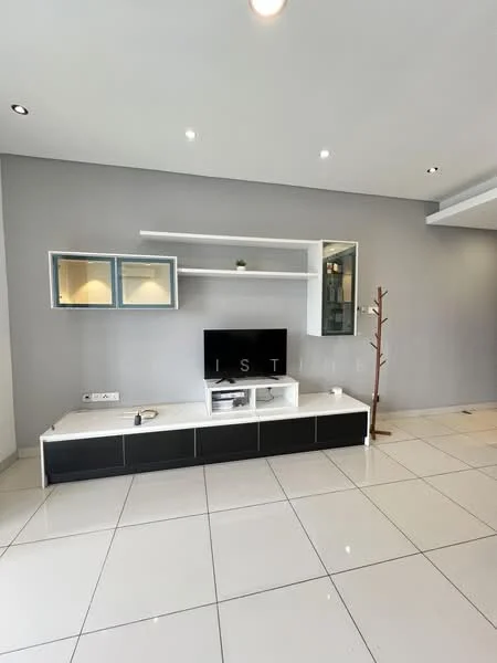 Living features: white painted walls, glossy white tile flooring, built-in TV console with storage, wall-mounted TV, floating shelves, decorative wall unit, floor lamp, recessed downlights; style: modern.