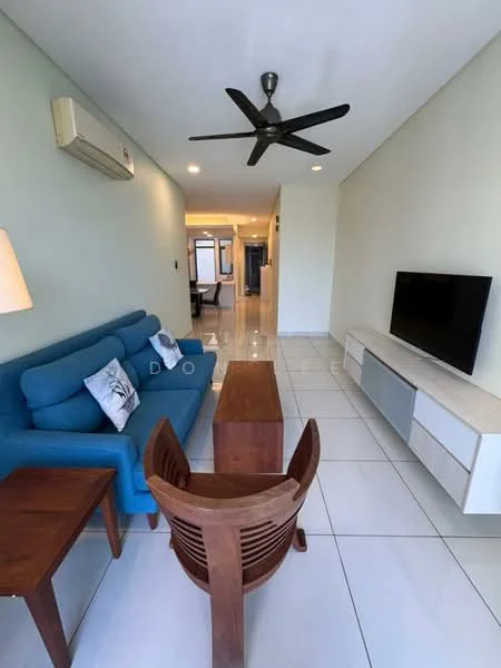 Living features: blue fabric sofa, wooden coffee table, wooden accent chair, wall-mounted TV, white TV console, air conditioning unit, ceiling fan with light, white tiled flooring, light green painted walls, decorative cushions; style: modern.