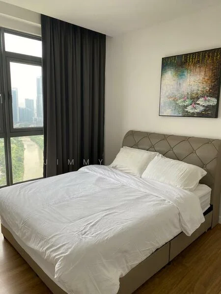 Bedroom features: king-size bed, upholstered headboard, white bedding, floor-to-ceiling windows, grey curtains, wooden flooring, framed artwork on wall, city skyline view; style: modern; view: city.