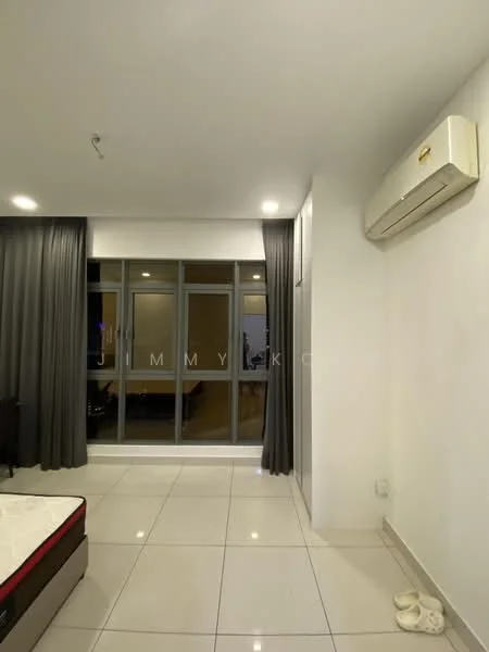 Room features: white painted walls, glossy tile flooring, floor-to-ceiling windows, grey curtains, wall-mounted split AC, recessed downlights; style: modern.