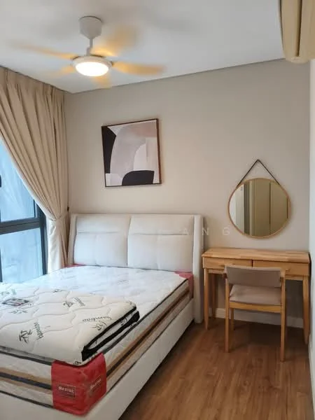 Bedroom features: queen-size bed with upholstered headboard, 5-blade ceiling fan with light, wooden flooring, floor-to-ceiling window with sheer curtains, decorative wall art, round mirror, wooden desk, upholstered chair; style: modern.