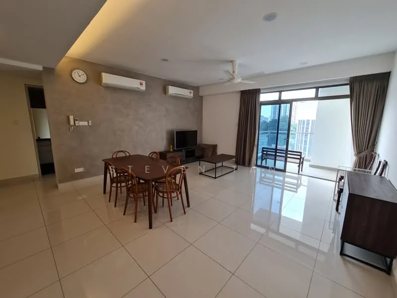 Living features: white painted walls, grey accent wall, polished ceramic tile flooring, 5-blade ceiling fan with light, wall-mounted TV, sofa, coffee table, dining table with 6 chairs, floor-to-ceiling windows, curtains, 2 wall-mounted split ACs, decorative clock; style: modern; view: city.