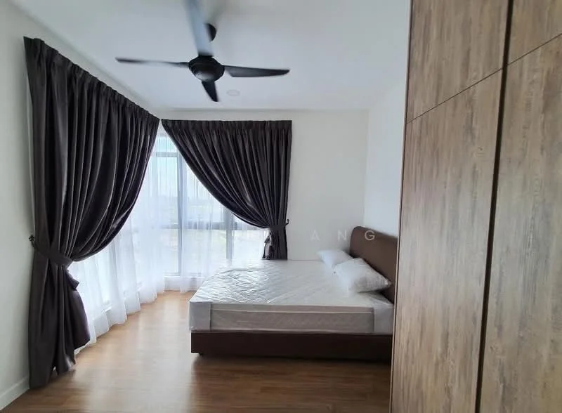 Bedroom features: queen-size bed, upholstered headboard, floor-to-ceiling windows, sheer curtains, blackout curtains, wooden flooring, 5-blade ceiling fan, built-in wardrobe, decorative wall paneling; style: modern; view: city.