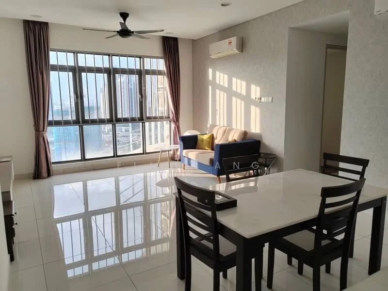 Living features: floor-to-ceiling windows, grey fabric sofa, blue accent chair, white marble flooring, 5-blade ceiling fan, wall-mounted air conditioning unit, sheer curtains, dining table with 4 chairs, natural light from windows, decorative wall with light grey finish; style: modern; view: city.