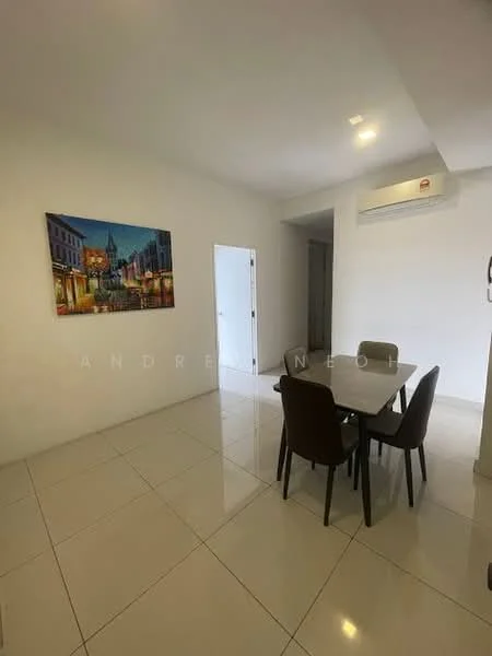 Dining features: white painted walls, glossy tile flooring, dining table for 4, upholstered dining chairs, air conditioning unit, wall-mounted artwork, recessed ceiling lights, doorway to other room; style: modern.