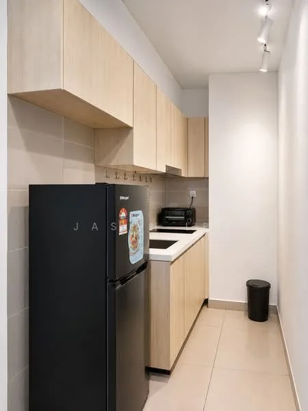 Kitchen features: black fridge, built-in microwave, white countertop, light wood cabinetry, ceramic tile backsplash, stainless-steel sink, chrome pull-down faucet, under-cabinet lighting, tile flooring, kitchen trash bin; style: modern.