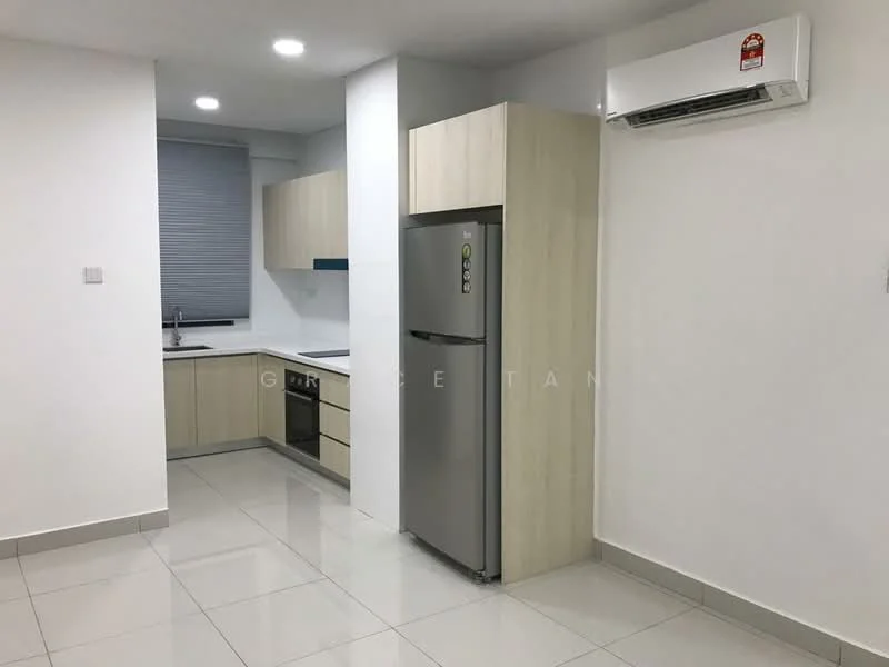 Kitchen features: white painted walls, light wood cabinetry, grey countertop, stainless-steel fridge, built-in oven, ceramic tile flooring, single-bowl stainless-steel sink, chrome pull-down faucet, window with roller blinds, wall-mounted split AC, recessed LED downlights; style: modern.